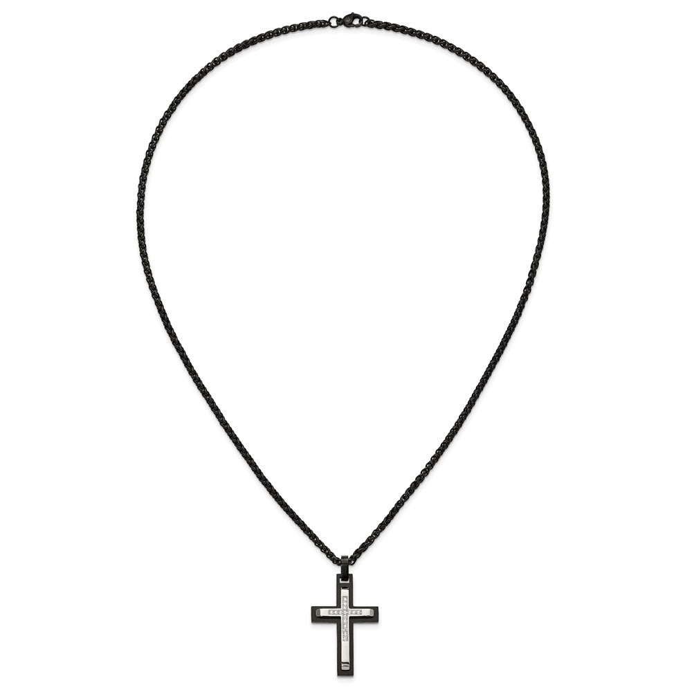 Chisel Stainless Steel Brushed and Polished Black IP-plated with CZ Cross Pendant on a 24 inch Wheat Chain NecklaceSRN3200-24