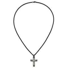 Chisel Stainless Steel Brushed and Polished Black IP-plated with CZ Cross Pendant on a 24 inch Wheat Chain NecklaceSRN3200-24