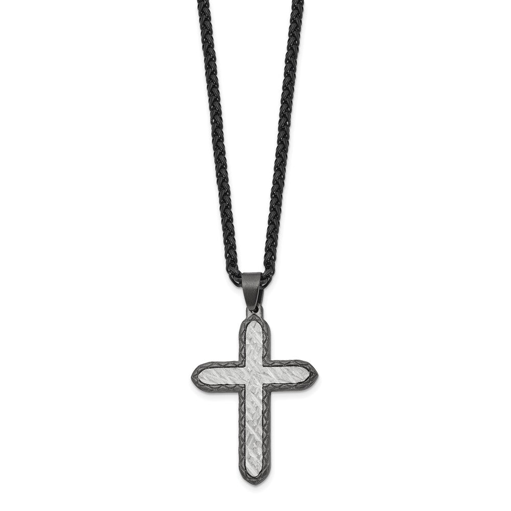 Chisel Stainless Steel Brushed and Textured Gun Metal IP-plated Cross on a 24 inch Wheat Chain NecklaceSRN3201-24