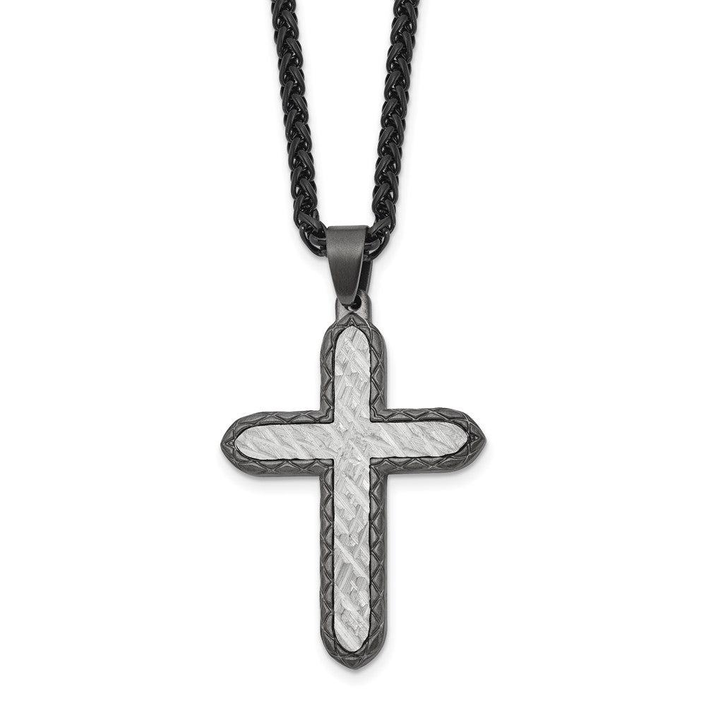 Chisel Stainless Steel Brushed and Textured Gun Metal IP-plated Cross on a 24 inch Wheat Chain NecklaceSRN3201-24