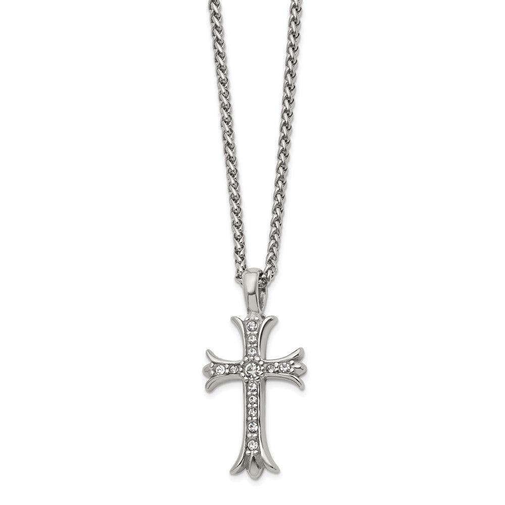 Chisel Stainless Steel Polished with CZ Fancy Cross Pendant on a 24 inch Wheat Chain NecklaceSRN3202-24