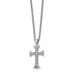 Chisel Stainless Steel Polished with CZ Fancy Cross Pendant on a 24 inch Wheat Chain NecklaceSRN3202-24