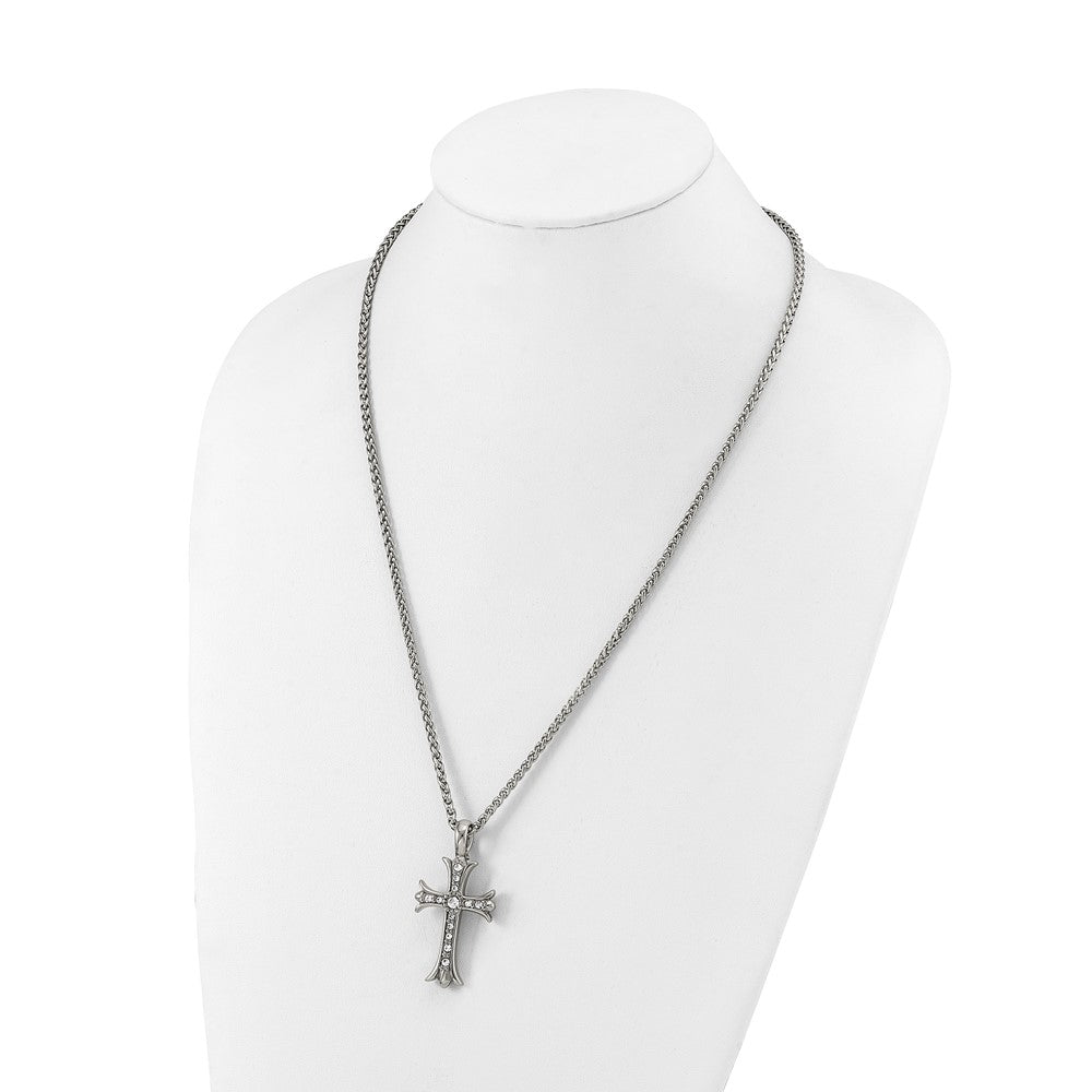 Chisel Stainless Steel Polished with CZ Fancy Cross Pendant on a 24 inch Wheat Chain NecklaceSRN3202-24