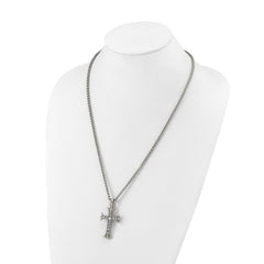 Chisel Stainless Steel Polished with CZ Fancy Cross Pendant on a 24 inch Wheat Chain NecklaceSRN3202-24