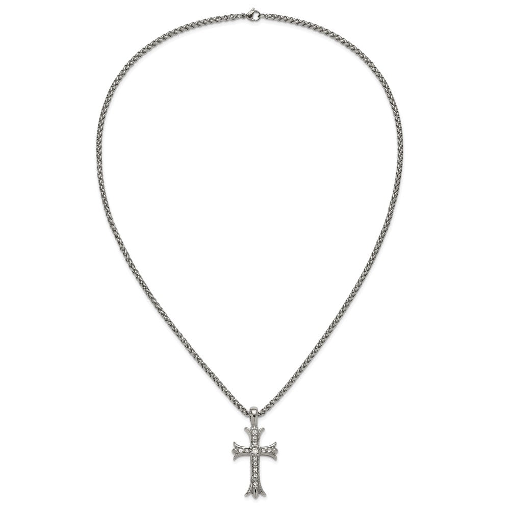 Chisel Stainless Steel Polished with CZ Fancy Cross Pendant on a 24 inch Wheat Chain NecklaceSRN3202-24