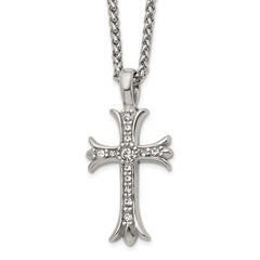 Chisel Stainless Steel Polished with CZ Fancy Cross Pendant on a 24 inch Wheat Chain NecklaceSRN3202-24