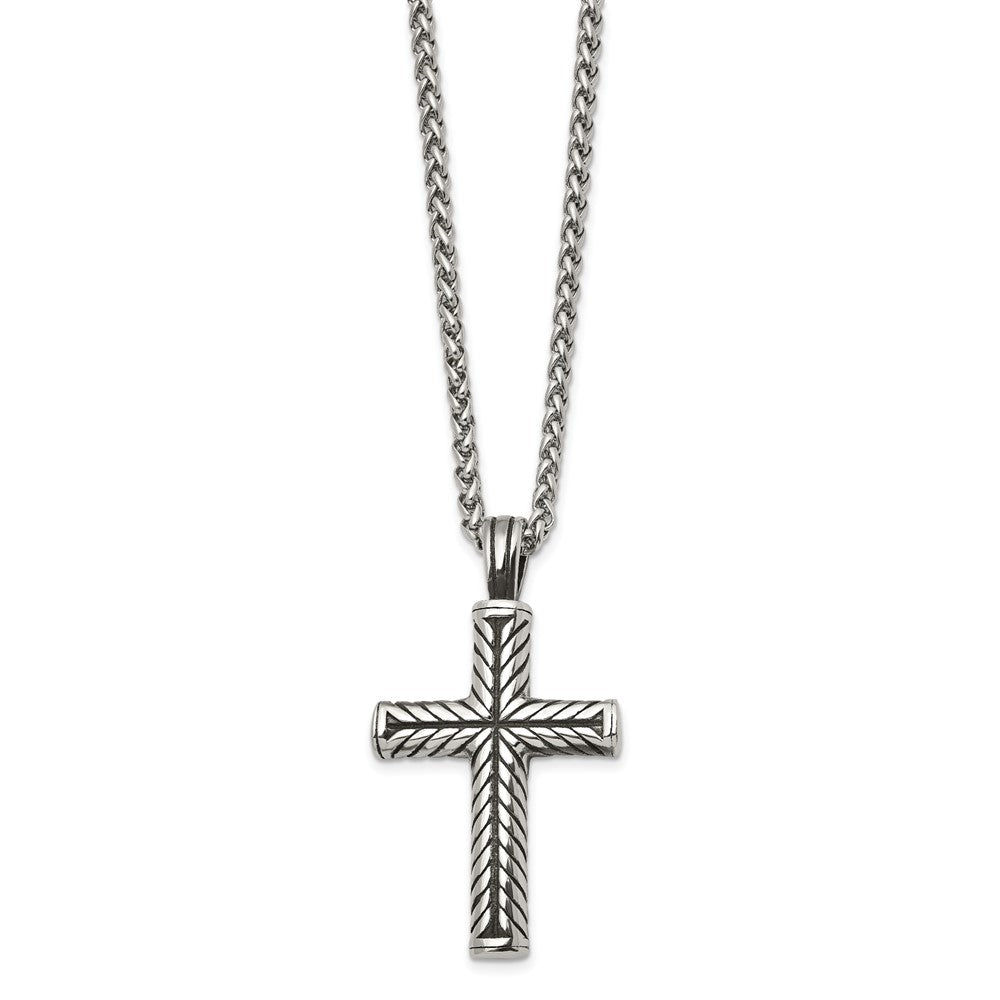 Chisel Stainless Steel Antiqued and Polished Cross Pendant on a 24 inch Wheat Chain NecklaceSRN3203-24