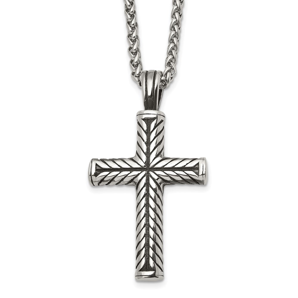 Chisel Stainless Steel Antiqued and Polished Cross Pendant on a 24 inch Wheat Chain NecklaceSRN3203-24