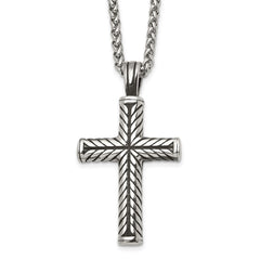 Chisel Stainless Steel Antiqued and Polished Cross Pendant on a 24 inch Wheat Chain NecklaceSRN3203-24