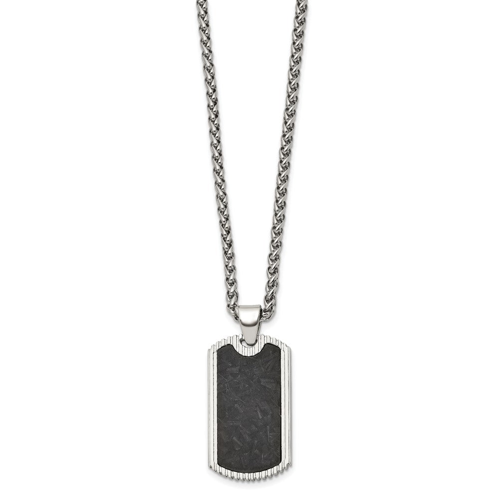 Chisel Stainless Steel Polished with Black Carbon Fiber Inlay Dog Tag on a 24 inch Wheat Chain NecklaceSRN3204-24