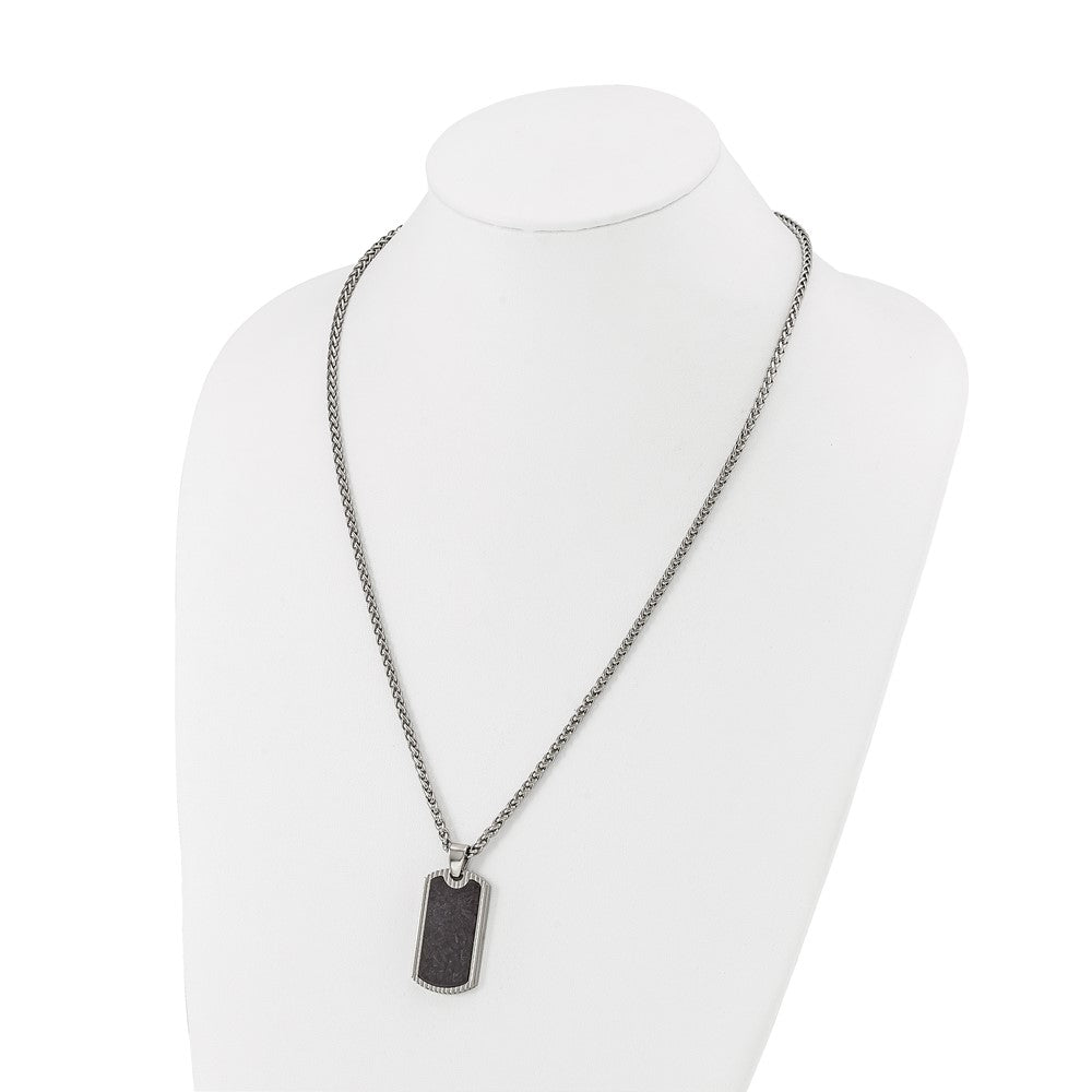 Chisel Stainless Steel Polished with Black Carbon Fiber Inlay Dog Tag on a 24 inch Wheat Chain NecklaceSRN3204-24