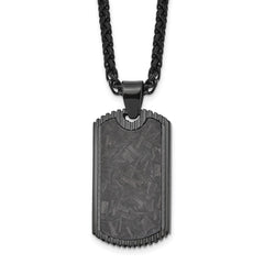 Chisel Stainless Steel Polished Black IP-plated with Black Carbon Fiber Inlay Dog Tag on a 24 inch Wheat Chain NecklaceSRN3205-24