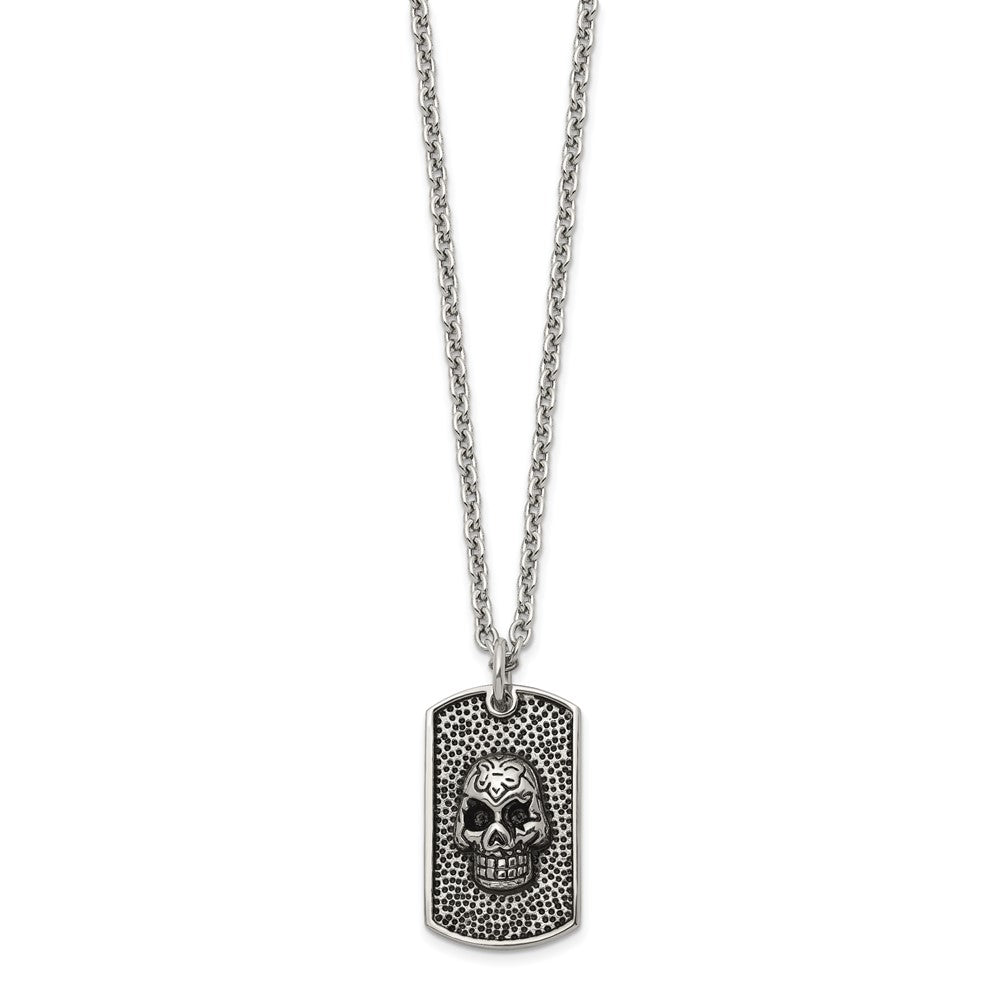 Chisel Stainless Steel Antiqued and Polished Skull Dog Tag on a 24 inch Cable Chain NecklaceSRN3208-24