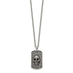 Chisel Stainless Steel Antiqued and Polished Skull Dog Tag on a 24 inch Cable Chain NecklaceSRN3208-24