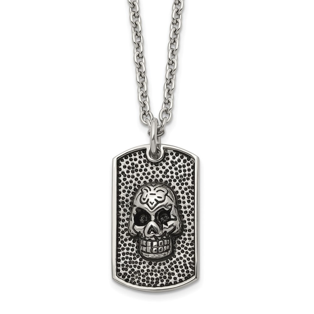 Chisel Stainless Steel Antiqued and Polished Skull Dog Tag on a 24 inch Cable Chain NecklaceSRN3208-24