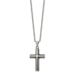 Chisel Stainless Steel Antiqued and Polished Textured Edge Cross Pendant on a 24 inch Cable Chain NecklaceSRN3209-24