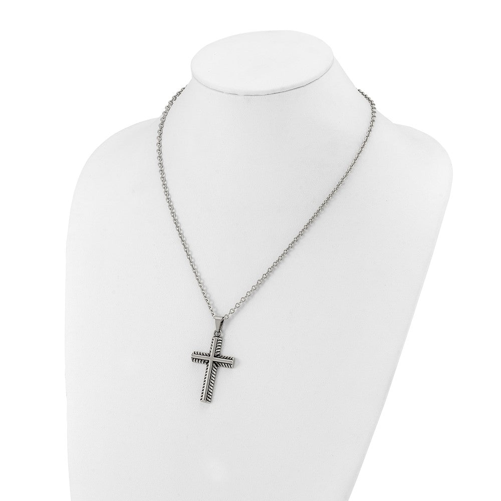 Chisel Stainless Steel Antiqued and Polished Textured Edge Cross Pendant on a 24 inch Cable Chain NecklaceSRN3209-24