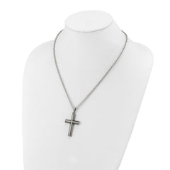 Chisel Stainless Steel Antiqued and Polished Textured Edge Cross Pendant on a 24 inch Cable Chain NecklaceSRN3209-24