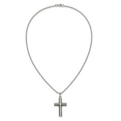 Chisel Stainless Steel Antiqued and Polished Textured Edge Cross Pendant on a 24 inch Cable Chain NecklaceSRN3209-24