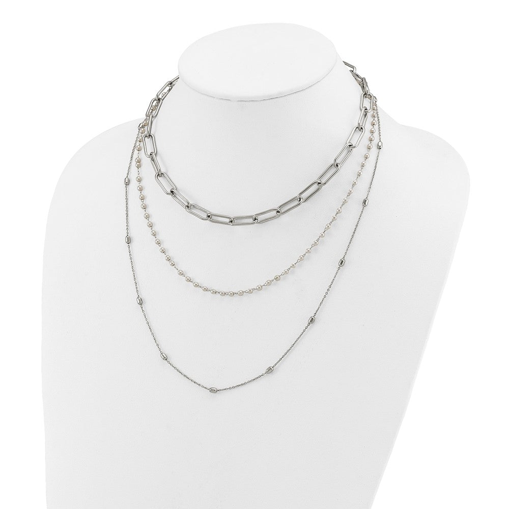 Chisel Stainless Steel Polished Paperclip Link, Beaded Chain and with White Freshwater Cultured Pearl Layered 13.5 inch Plus a 2 inch Extension NecklaceSRN3227-13.5