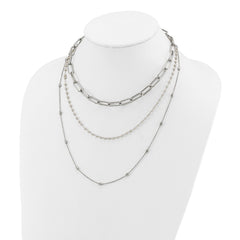 Chisel Stainless Steel Polished Paperclip Link, Beaded Chain and with White Freshwater Cultured Pearl Layered 13.5 inch Plus a 2 inch Extension NecklaceSRN3227-13.5