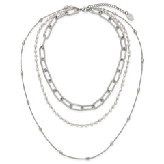 Chisel Stainless Steel Polished Paperclip Link, Beaded Chain and with White Freshwater Cultured Pearl Layered 13.5 inch Plus a 2 inch Extension NecklaceSRN3227-13.5