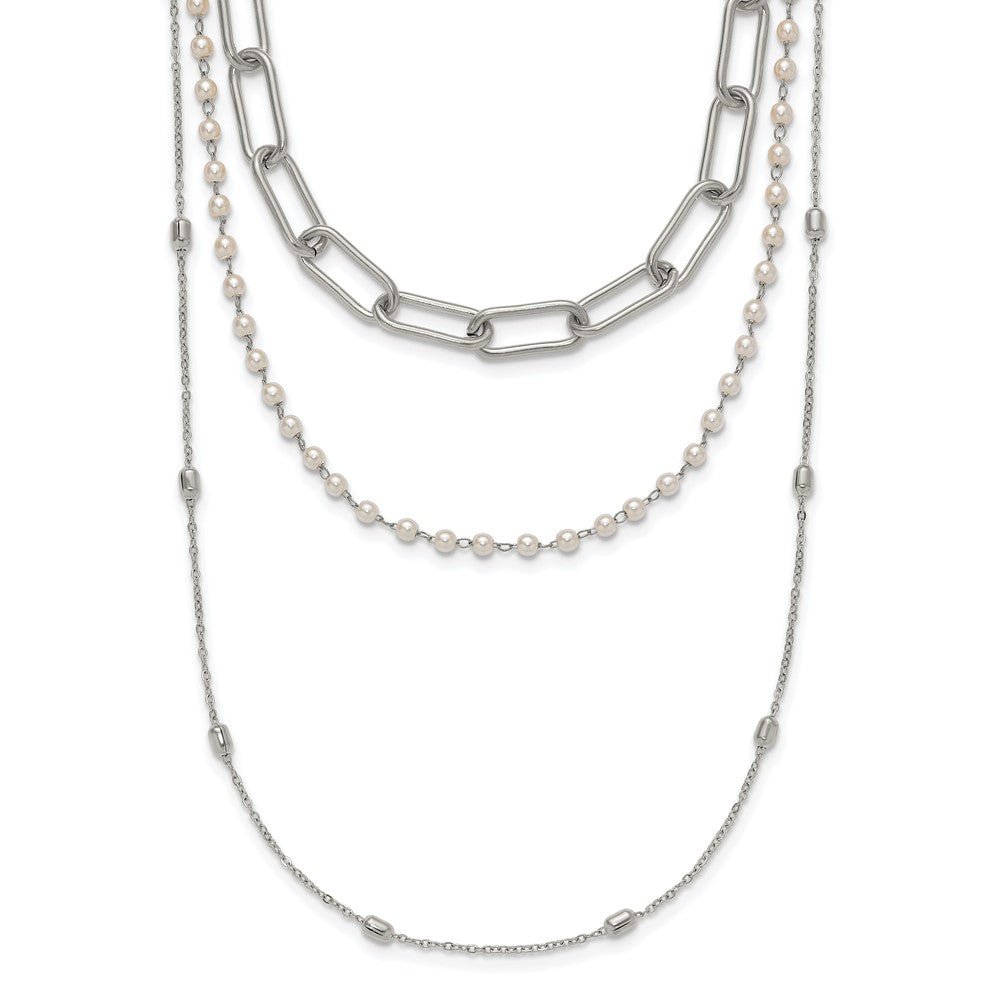 Chisel Stainless Steel Polished Paperclip Link, Beaded Chain and with White Freshwater Cultured Pearl Layered 13.5 inch Plus a 2 inch Extension NecklaceSRN3227-13.5