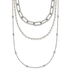 Chisel Stainless Steel Polished Paperclip Link, Beaded Chain and with White Freshwater Cultured Pearl Layered 13.5 inch Plus a 2 inch Extension NecklaceSRN3227-13.5