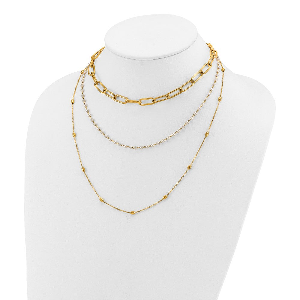 Chisel Stainless Steel Polished Yellow IP-plated Paperclip Link, Beaded Chain and White Freshwater Cultured Pearl Layered 13.5 inch Plus a 2 inch Extension NecklaceSRN3228-13.5