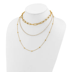 Chisel Stainless Steel Polished Yellow IP-plated Paperclip Link, Beaded Chain and White Freshwater Cultured Pearl Layered 13.5 inch Plus a 2 inch Extension NecklaceSRN3228-13.5