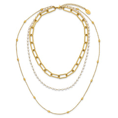 Chisel Stainless Steel Polished Yellow IP-plated Paperclip Link, Beaded Chain and White Freshwater Cultured Pearl Layered 13.5 inch Plus a 2 inch Extension NecklaceSRN3228-13.5