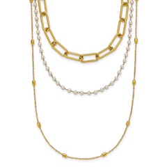Chisel Stainless Steel Polished Yellow IP-plated Paperclip Link, Beaded Chain and White Freshwater Cultured Pearl Layered 13.5 inch Plus a 2 inch Extension NecklaceSRN3228-13.5