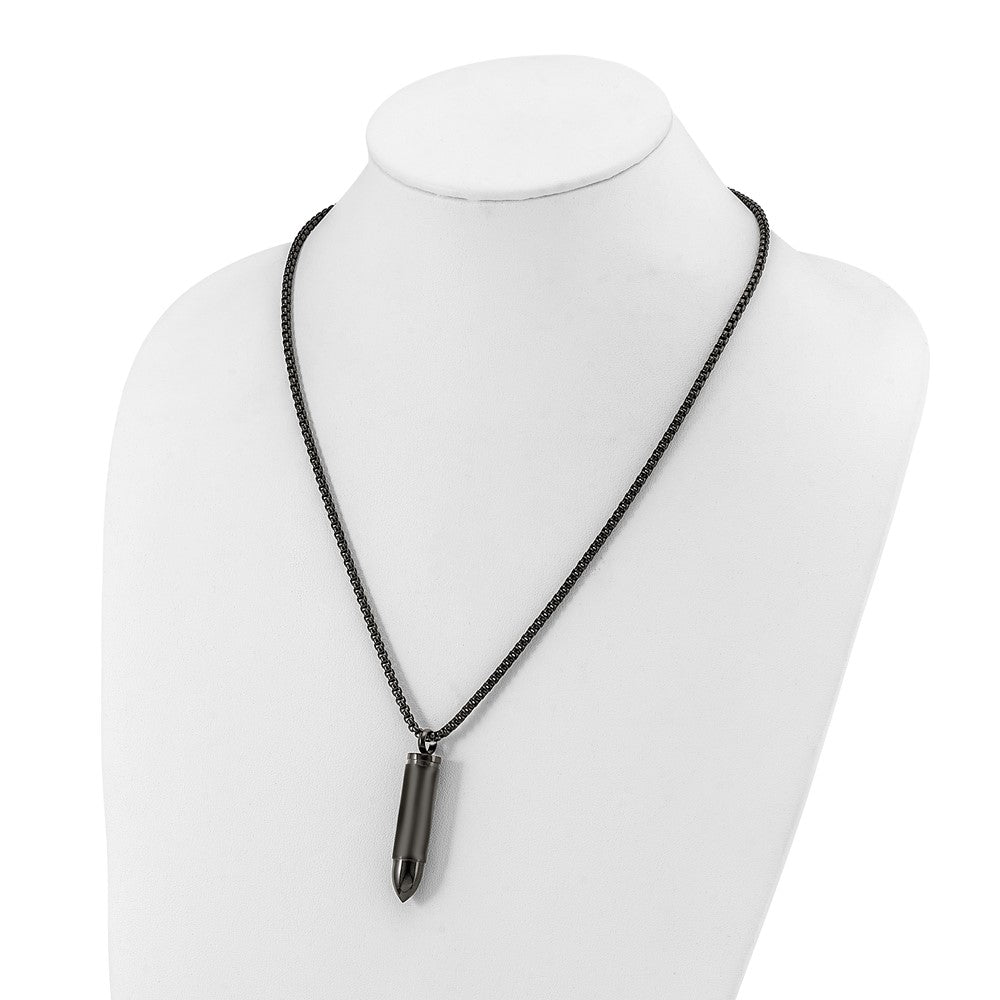 Chisel Stainless Steel Brushed and Polished Black IP-plated Bullet Capsule Pendant on a 22 inch Box Chain NecklaceSRN3231-22