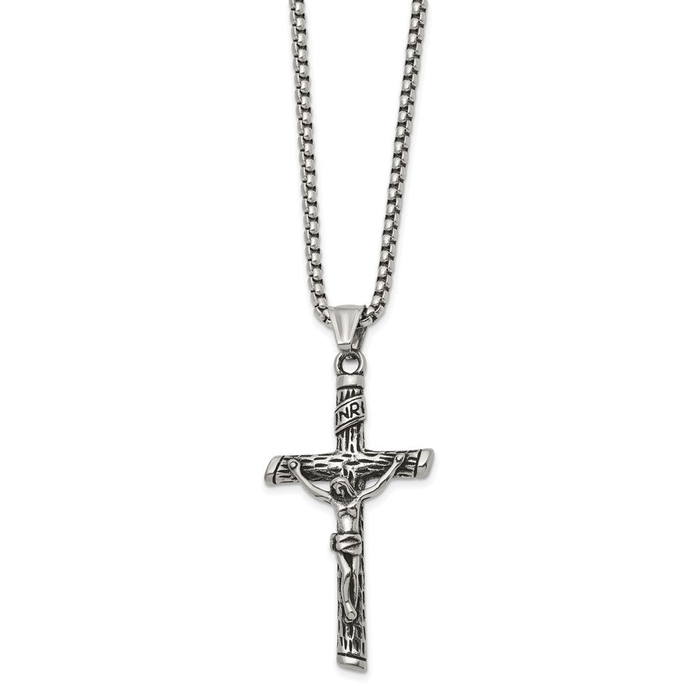Chisel Stainless Steel Antiqued and Polished INRI Crucifix Pendant on a 22 inch Box Chain NecklaceSRN3232-22