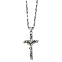 Chisel Stainless Steel Antiqued and Polished INRI Crucifix Pendant on a 22 inch Box Chain NecklaceSRN3232-22