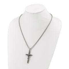 Chisel Stainless Steel Antiqued and Polished INRI Crucifix Pendant on a 22 inch Box Chain NecklaceSRN3232-22