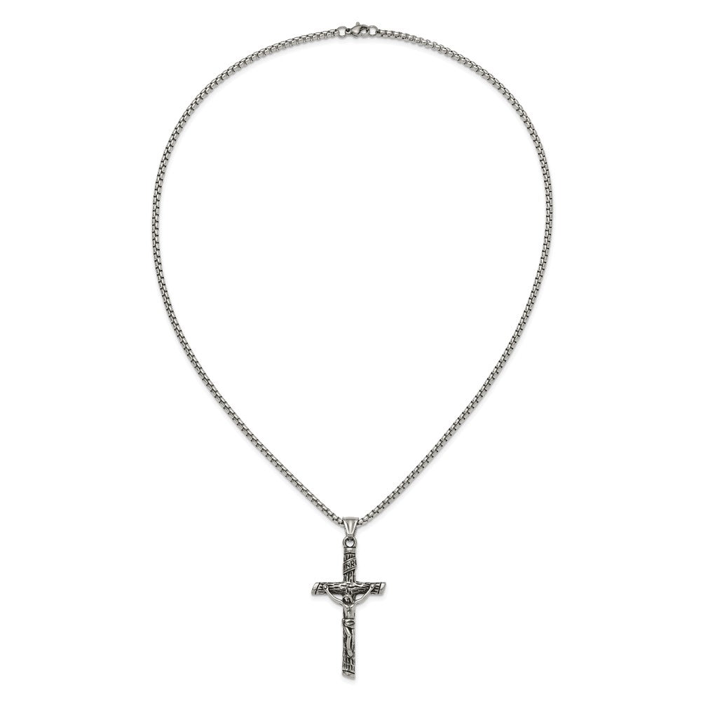 Chisel Stainless Steel Antiqued and Polished INRI Crucifix Pendant on a 22 inch Box Chain NecklaceSRN3232-22