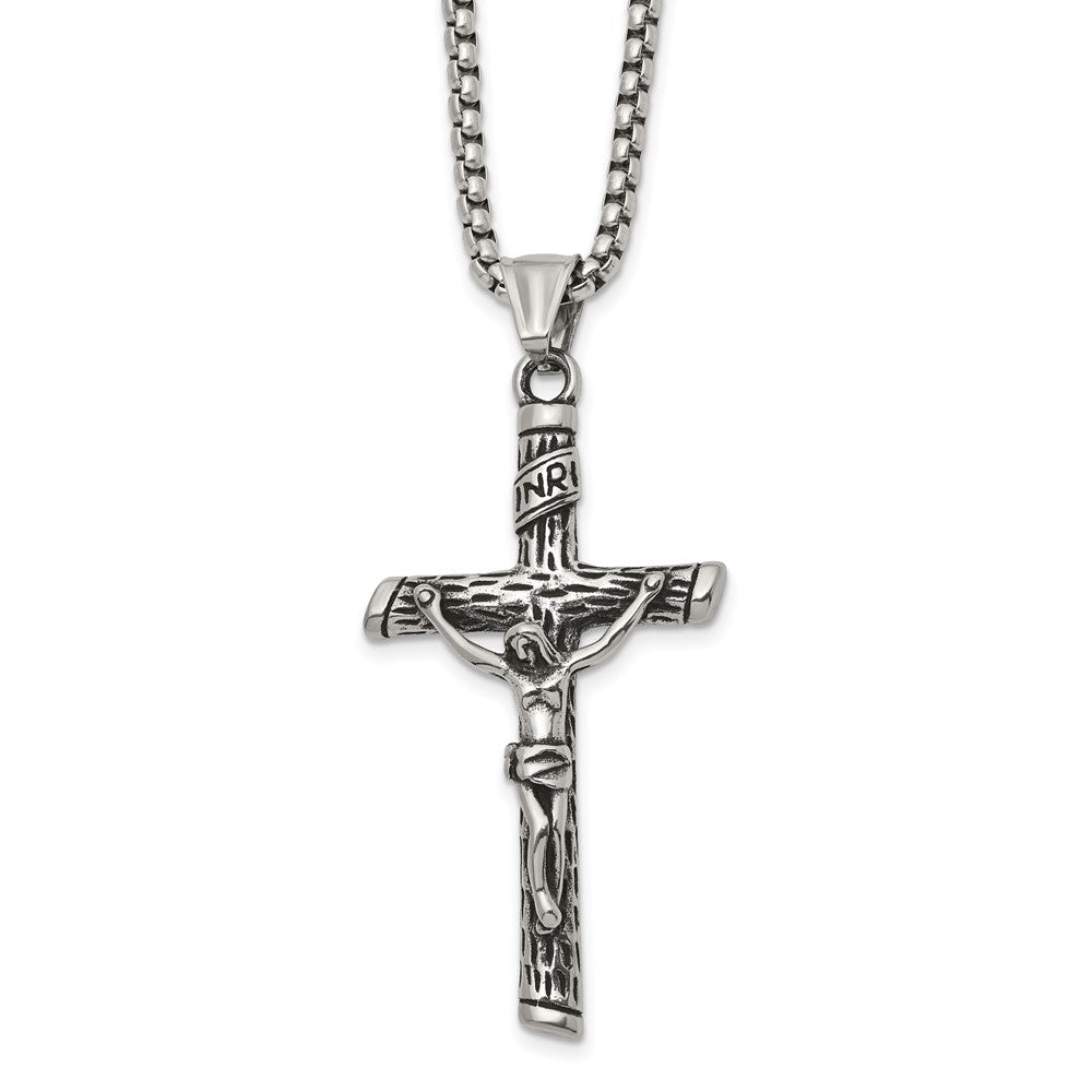 Chisel Stainless Steel Antiqued and Polished INRI Crucifix Pendant on a 22 inch Box Chain NecklaceSRN3232-22