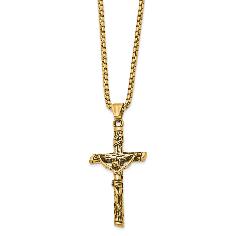 Chisel Stainless Steel Antiqued and Polished Yellow IP-plated INRI Crucifix Pendant on a 22 inch Box Chain NecklaceSRN3233-22