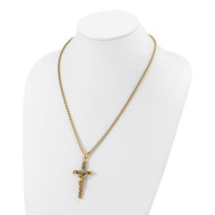 Chisel Stainless Steel Antiqued and Polished Yellow IP-plated INRI Crucifix Pendant on a 22 inch Box Chain NecklaceSRN3233-22