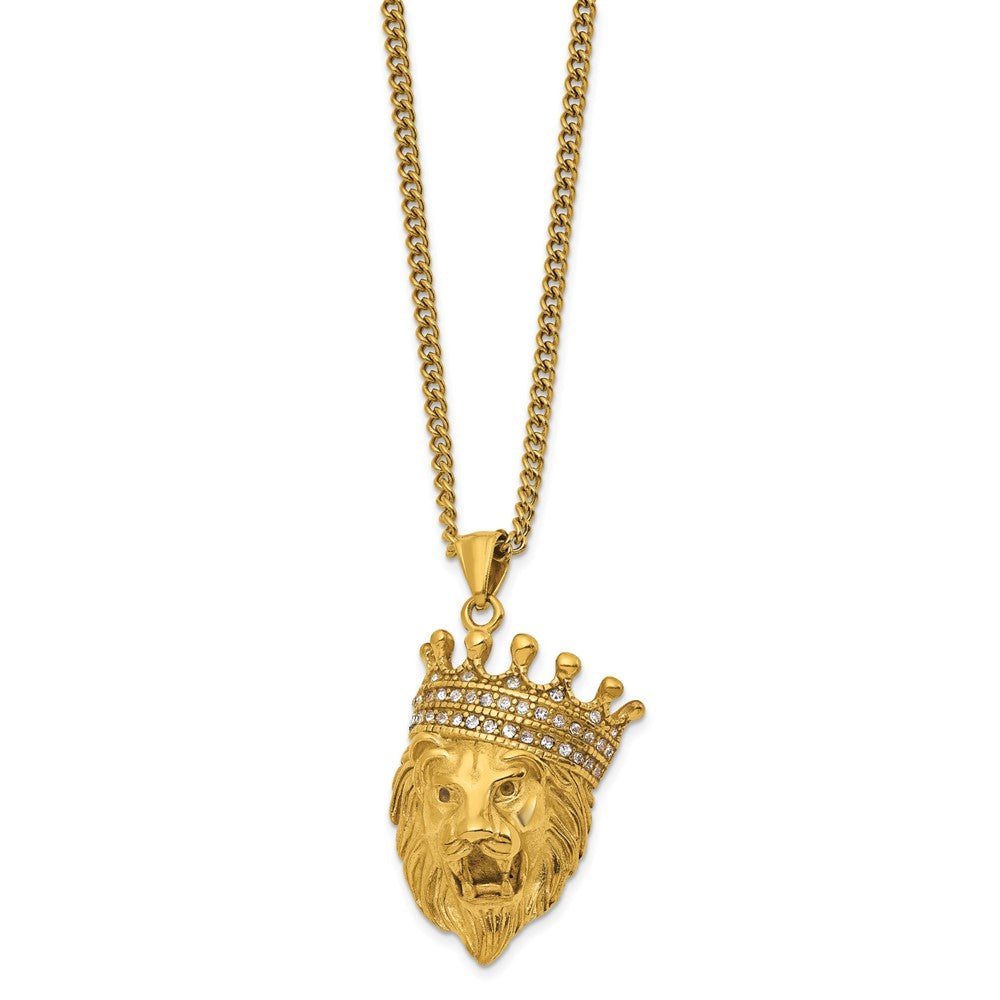 Chisel Stainless Steel Polished Yellow IP-plated with CZ Crown Lion Pendant on a 22 inch Plus a 1.75 inch Extension Curb Chain NecklaceSRN3236-22