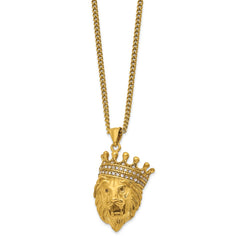 Chisel Stainless Steel Polished Yellow IP-plated with CZ Crown Lion Pendant on a 22 inch Plus a 1.75 inch Extension Curb Chain NecklaceSRN3236-22