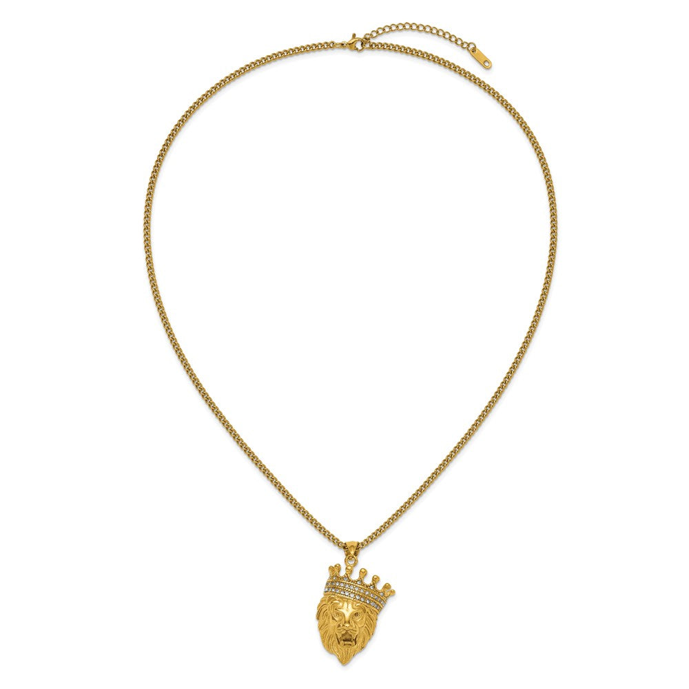 Chisel Stainless Steel Polished Yellow IP-plated with CZ Crown Lion Pendant on a 22 inch Plus a 1.75 inch Extension Curb Chain NecklaceSRN3236-22