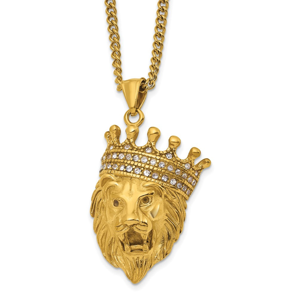 Chisel Stainless Steel Polished Yellow IP-plated with CZ Crown Lion Pendant on a 22 inch Plus a 1.75 inch Extension Curb Chain NecklaceSRN3236-22