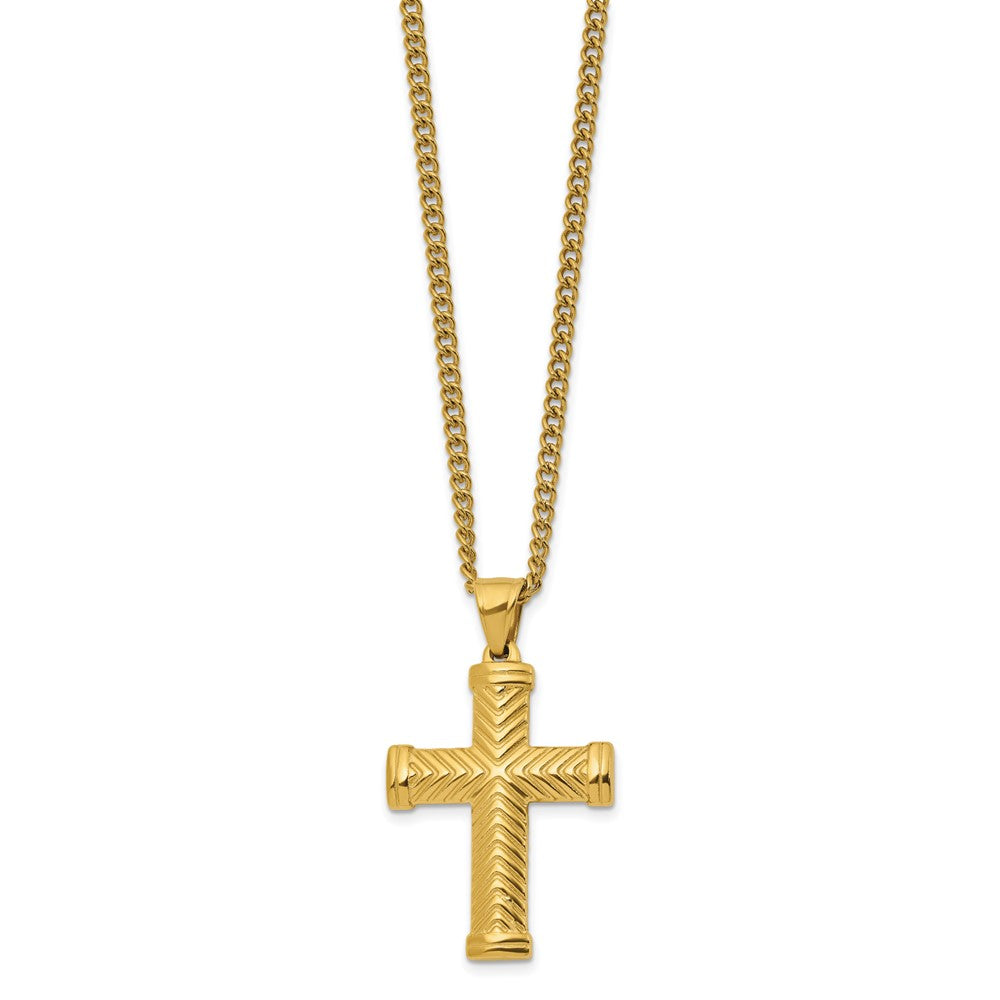 Chisel Stainless Steel Polished Yellow IP-plated Cross Pendant on a 22 inch Plus a 2 inch Curb Chain NecklaceSRN3237-22