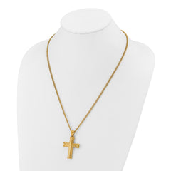 Chisel Stainless Steel Polished Yellow IP-plated Cross Pendant on a 22 inch Plus a 2 inch Curb Chain NecklaceSRN3237-22