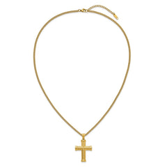 Chisel Stainless Steel Polished Yellow IP-plated Cross Pendant on a 22 inch Plus a 2 inch Curb Chain NecklaceSRN3237-22