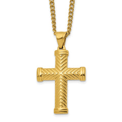 Chisel Stainless Steel Polished Yellow IP-plated Cross Pendant on a 22 inch Plus a 2 inch Curb Chain NecklaceSRN3237-22