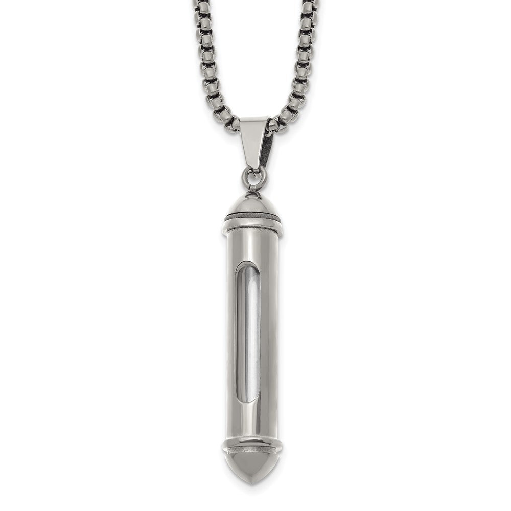 Chisel Stainless Steel Polished Bullet with Clear Vial Pendant on a 22 inch Box Chain NecklaceSRN3238-22