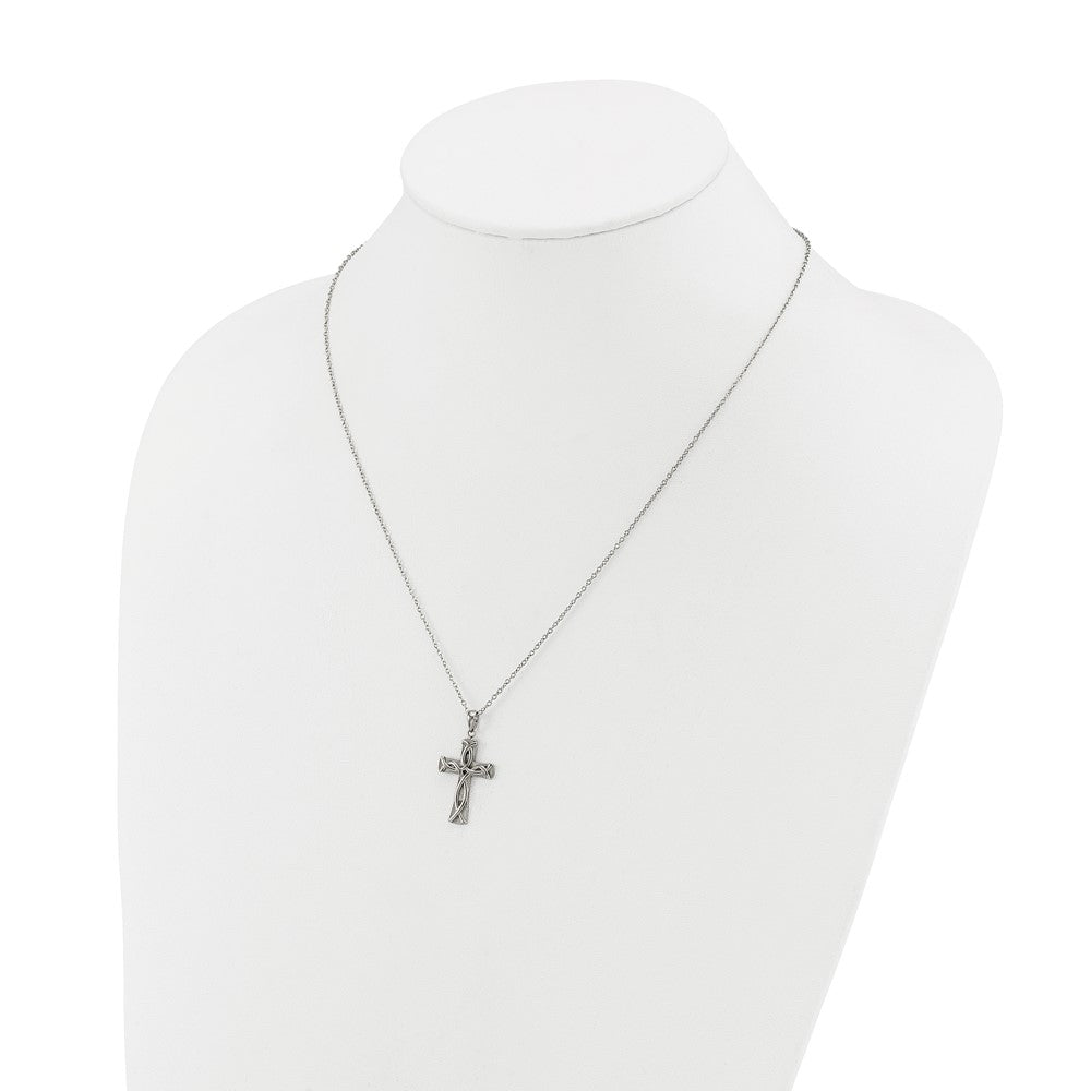 Chisel Stainless Steel Polished Cross with Ichthus Pattern Pendant on an 18 inch Plus a 2 inch Extension Cable Chain NecklaceSRN3251-18